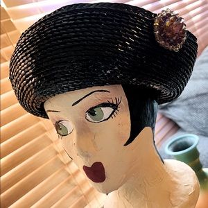 Vintage Navy Breton Style Straw Hat with Bling